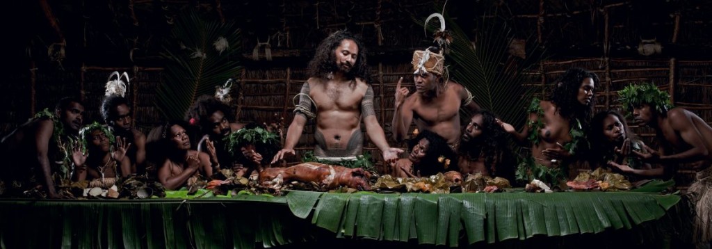 Greg Semu, Auto Portrait with 12 Disciples (from the series The Last Cannibal Supper, Cause Tomorrow We Become Christians), 2010, Digital C-Type print, 100 x 286 cm. Collection: Arthur Roe, Melbourne © Greg Semu and Alcaston Gallery, Melbourne.